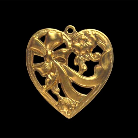 Goldtone Heart Pendant ONLY Repousse Metal Bow Flower Floral Filigree Valentine - Picture 3 of 3